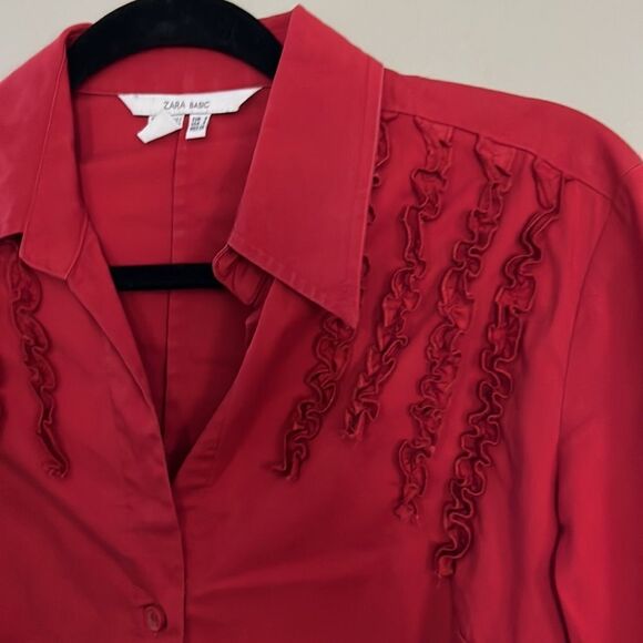 Zara Basic Women's Red 3/4 Sleeves Button Up Ruffle Front Shirt Size Small - Picture 5 of 7